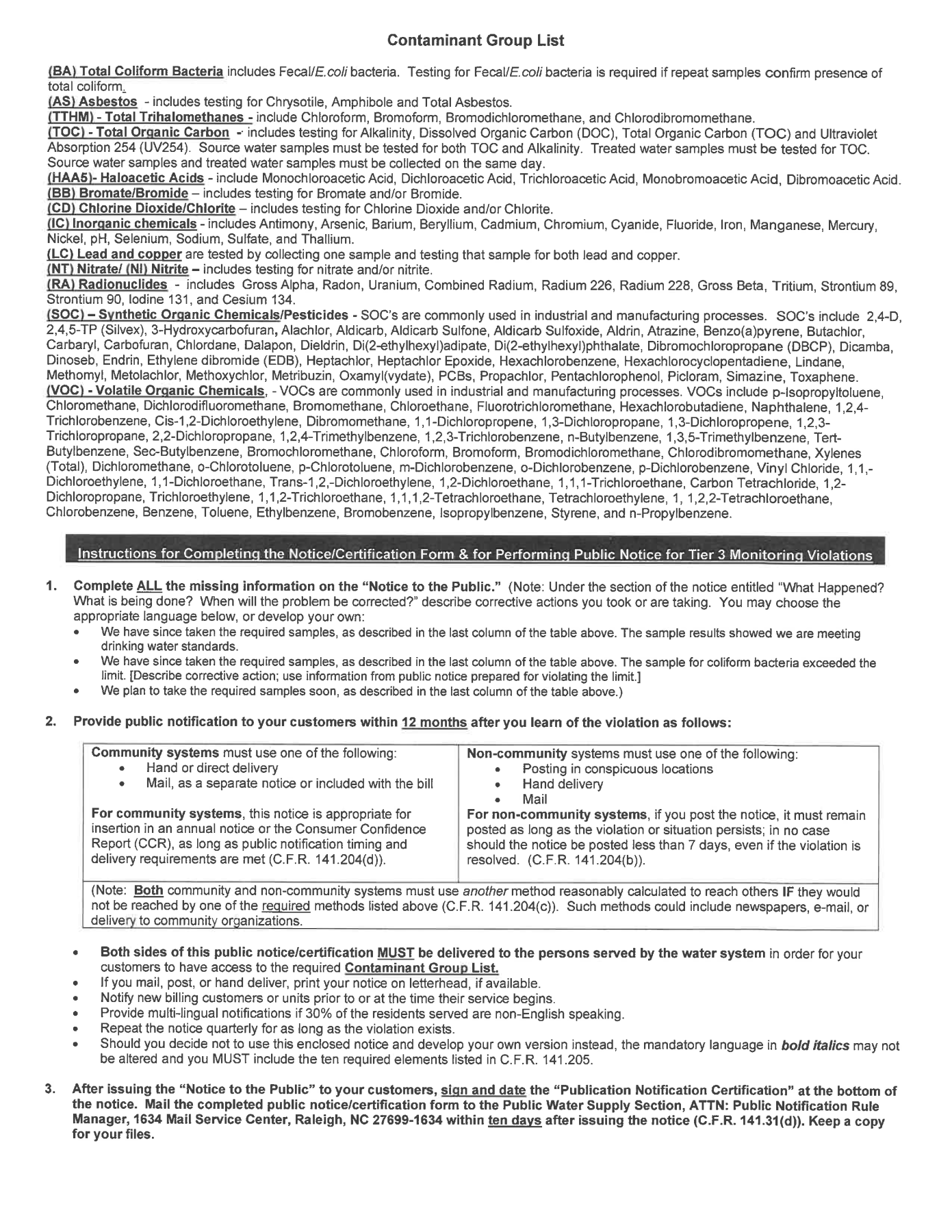 Notice to the Public Contaminant Group